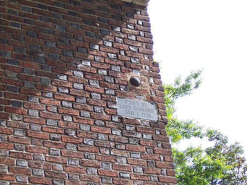 Saint Paul's Episcopal Church in Norfolk, Virginia | Cannonball lodged in church wall from Jan. 1, 1776, fired by Lord Dunmore | Photo by  lori05871 under Creative Commons Attribution 2.0 Generic license