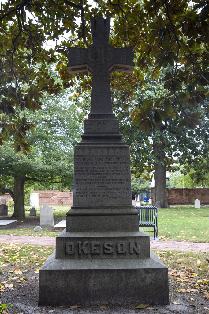 Rev. Albert Okeson's gravesite at St. Paul's Episcopal Church in Norfolk, where you might find his ghost in the dark of night. | Photo by Nicholas Crawford
